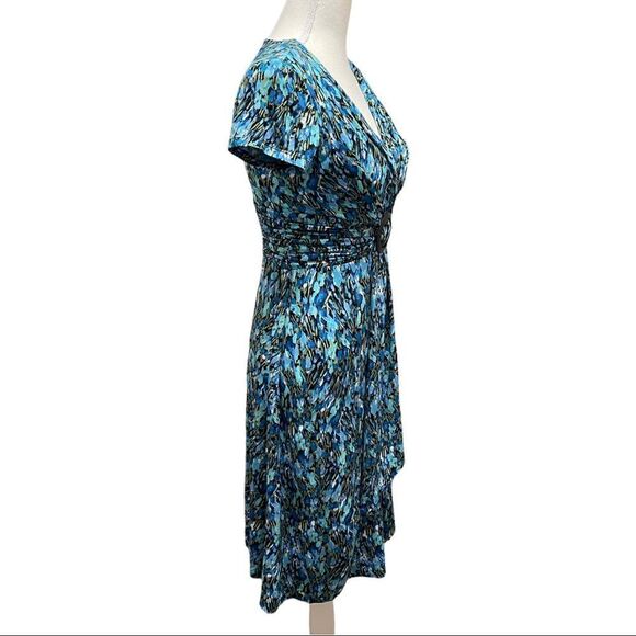 Studio I Blue Printed Ruched & Buckle Waistband Dress Sz 6 - Picture 2 of 16